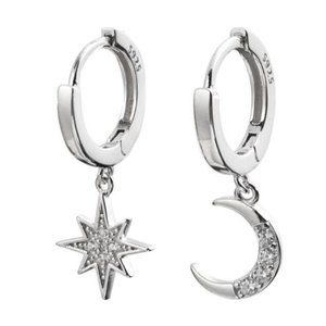 NEW 925 STERLING SILVER DIAMOND MOON STAR HOOPS
